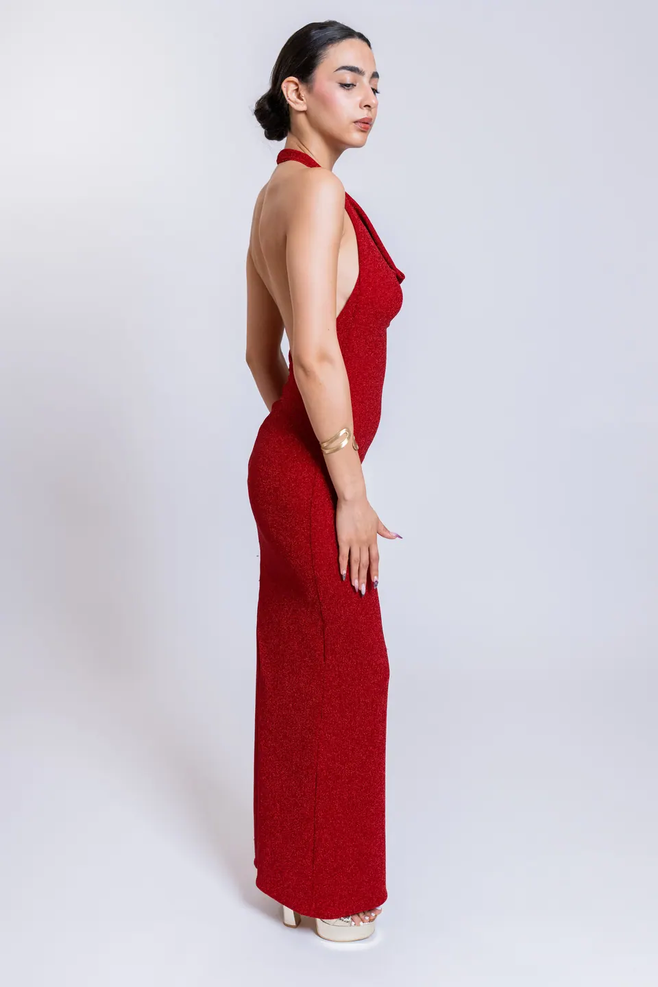GALIA red cowl halter maxi dress in side profile, showing the open back