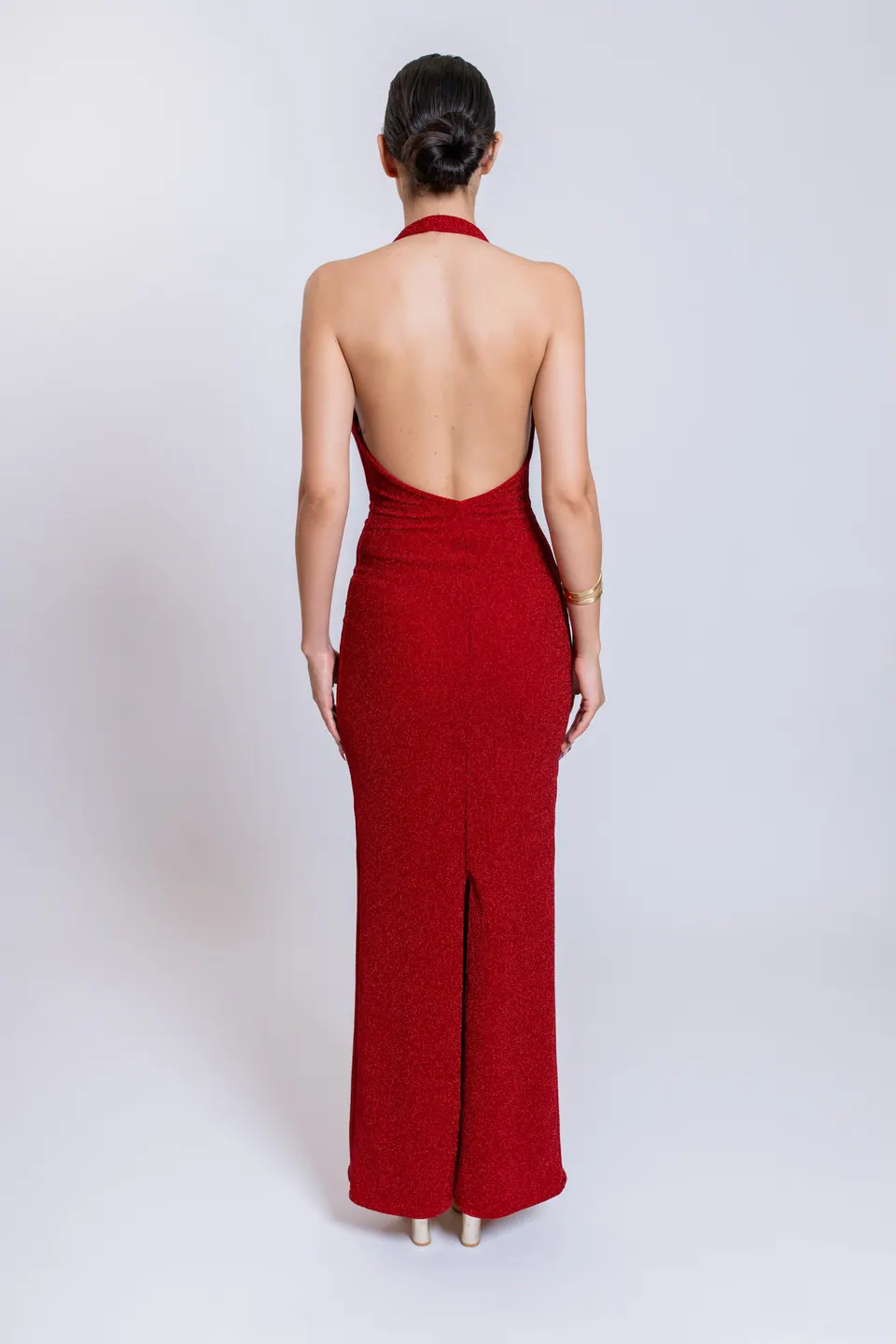 Back view of the GALIA red maxi dress with plunging open back and centre back slit
