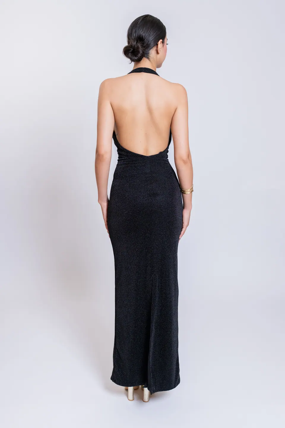 Back view of the GALIA black maxi dress with plunging open back
