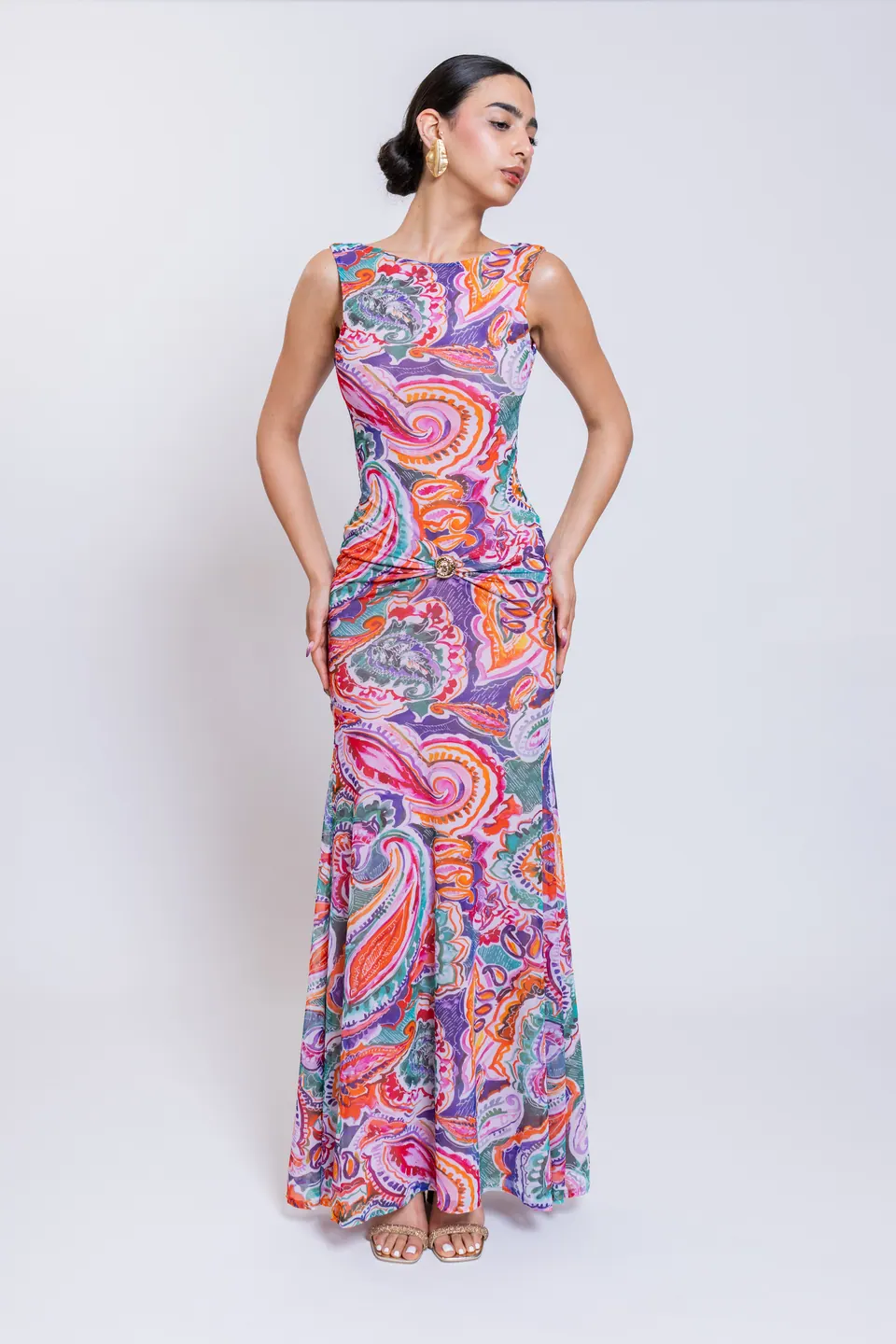 Model wearing the JULIETTE multicolour paisley print sleeveless maxi dress, front view