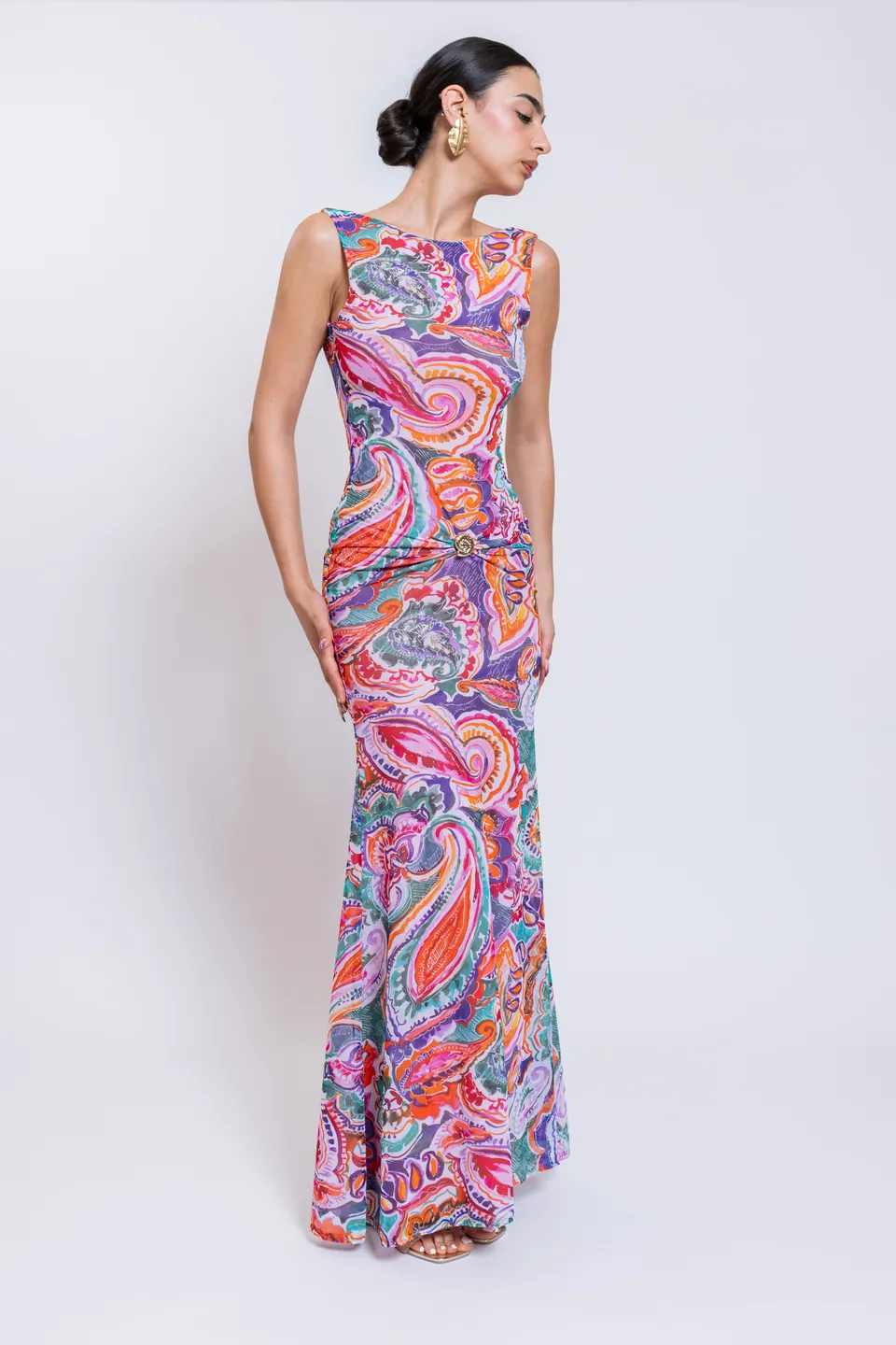 JULIETTE paisley print maxi dress with gathered waist and gold-tone detail