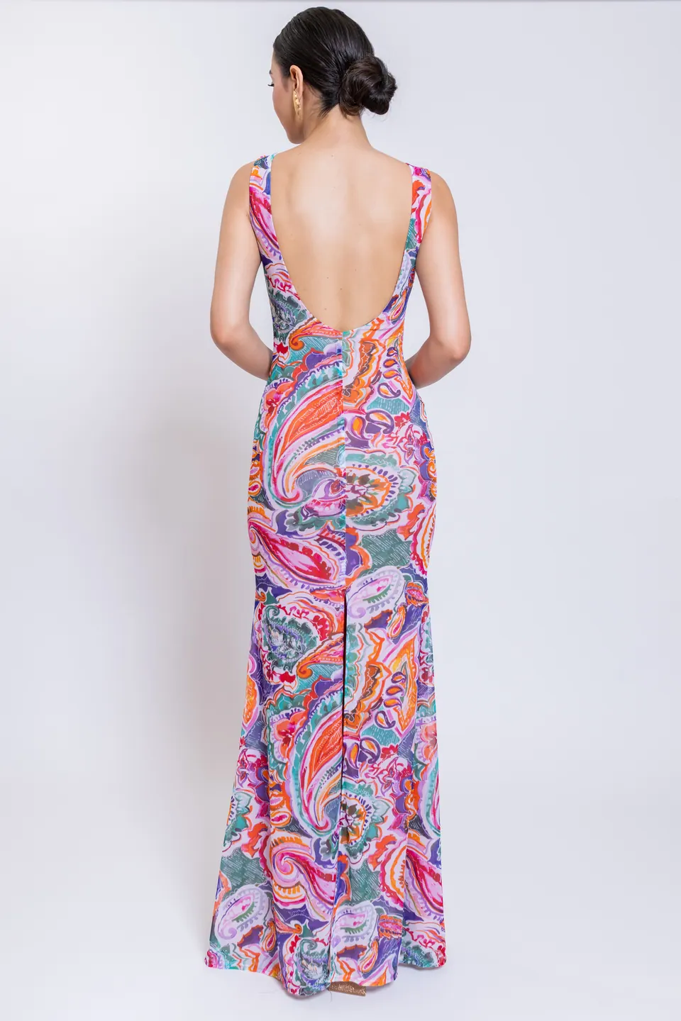 Back view of the JULIETTE paisley print maxi dress with low scoop back